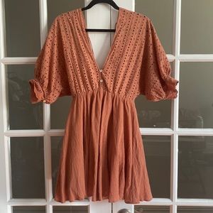 Eyelet Puffy Sleeve Mini Dress